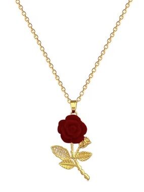 Gold Rose Pendant Necklace with Red Flower